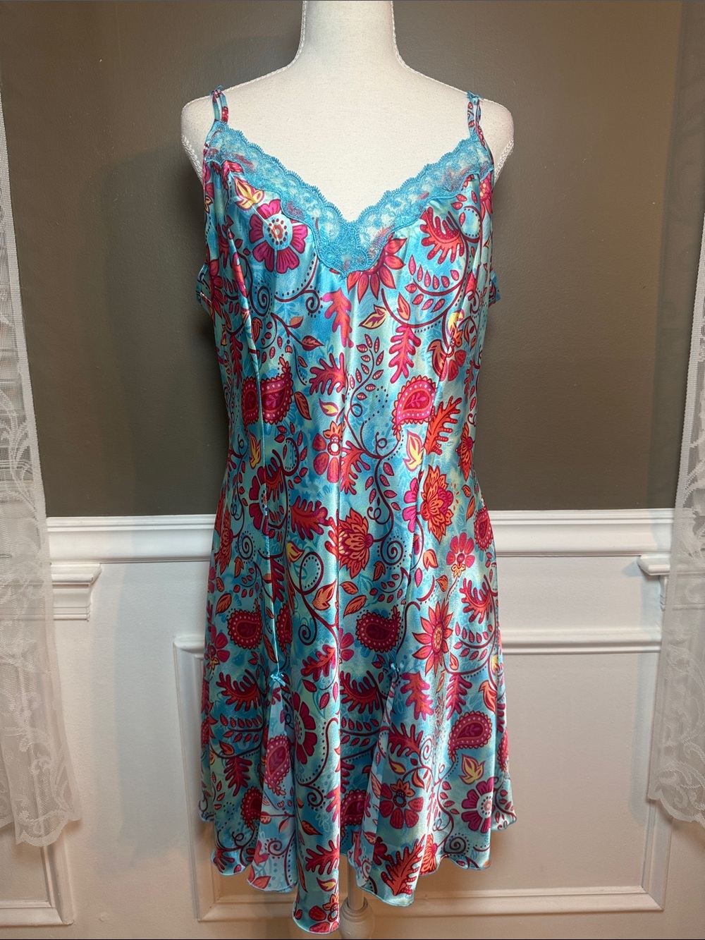 Delicates Satin Floral Slip Dress Lace Trim Y2K Babydoll XL